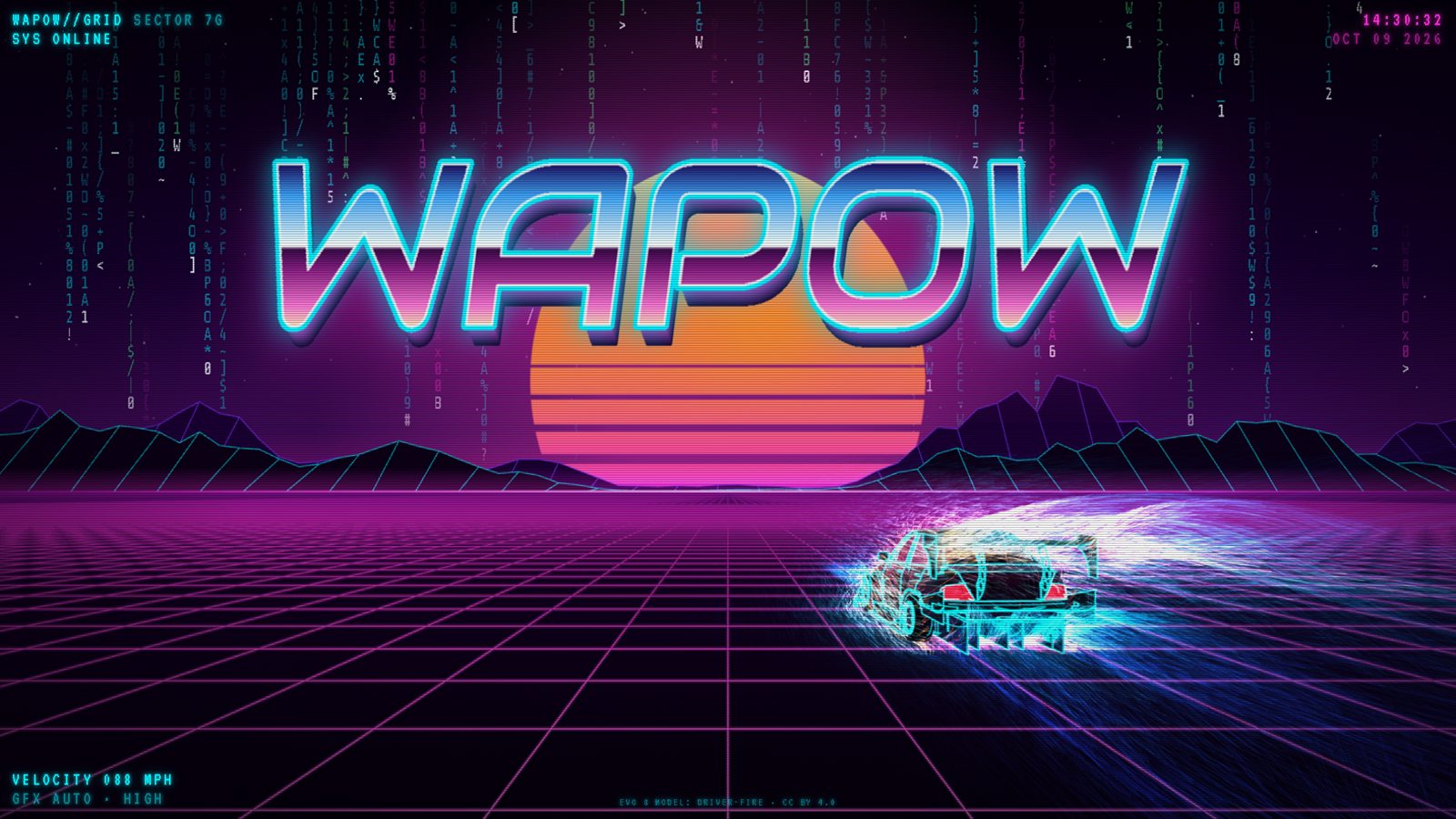 The WAPOW Grid screensaver: a chrome WAPOW logo over a striped synthwave sun, wireframe mountains, and a neon-outlined Evo 8 trailing airflow streaks across a magenta grid.